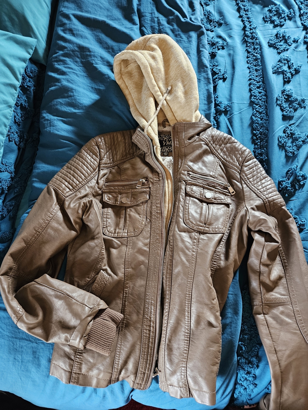 YMI Brown Faux Leather Hooded Jacket with Beige Knit Hood